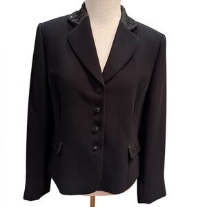 Tahari Studio Black Embroidered/Bead Floral Trim Evening Career Jacket Blazer 14